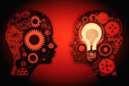 Human heads made of gears with light bulb shape. Generative AIの素材
