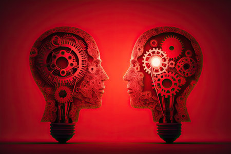 Human heads made of gears with light bulb shape. Generative AIの素材