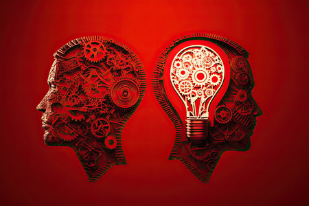 Human heads made of gears with light bulb shape. Generative AIの素材