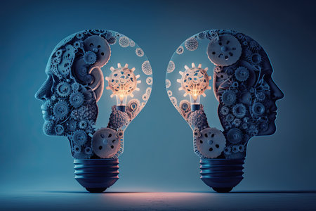 Human heads made of gears with light bulb shape. Generative AIの素材