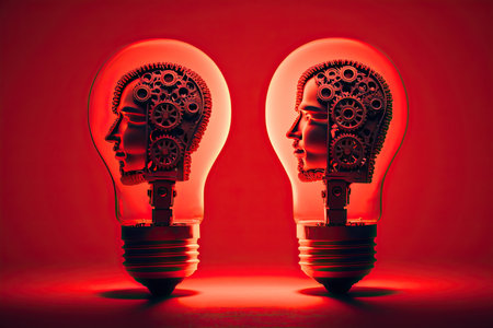 Human heads made of gears with light bulb shape. Generative AIの素材