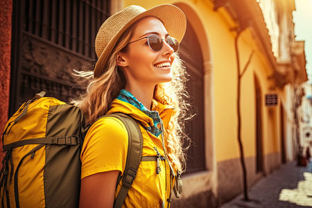 Cool backpacker walking in a colorful street. Generative AIの素材