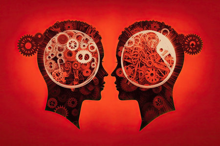 Human heads made of gears with light bulb shape. Generative AIの素材