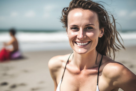 Charming young happy woman at the beach looking at camera. Holidays concept by generative AIの素材