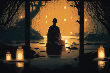 Monk sitting in lotus position on a rock and meditating viewed from back by generative AIの素材