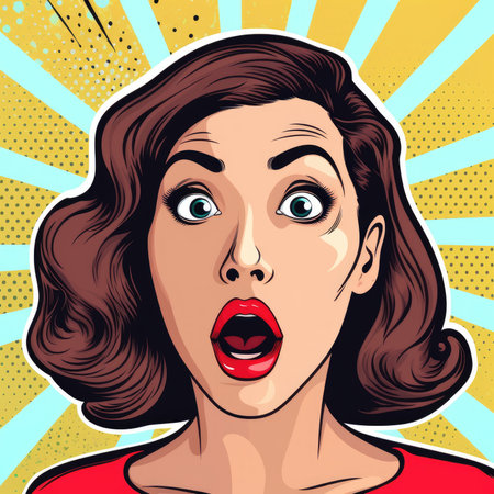 Surprised fashion girl opening her mouth. Pop art retro comic style by generative AIの素材