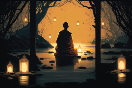 Monk sitting in lotus position on a rock and meditating viewed from back by generative AIの素材