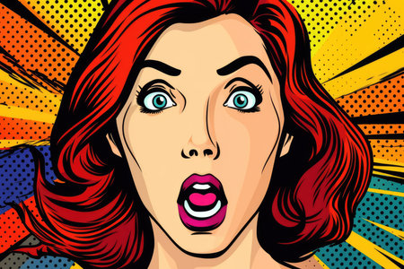 Surprised fashion girl opening her mouth. Pop art retro comic style by generative AIの素材