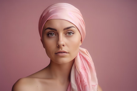 Portrait of a middle age bald woman wearing a pink headscarf by generative AIの素材