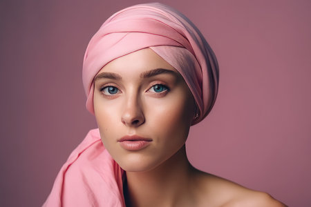 Portrait of a middle age bald woman wearing a pink headscarf by generative AIの素材