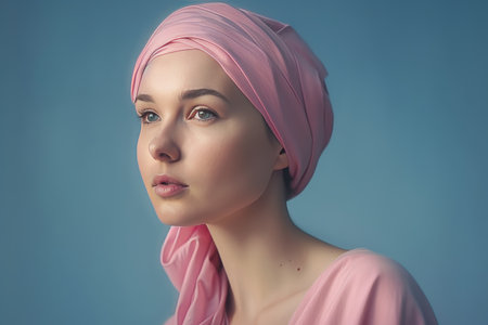 Portrait of a middle age bald woman wearing a pink headscarf by generative AIの素材