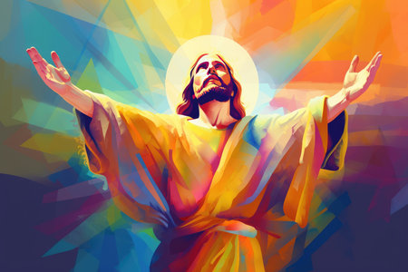 Colorful image of Jesus Christ on illuminated background with colors. Generative AIの素材