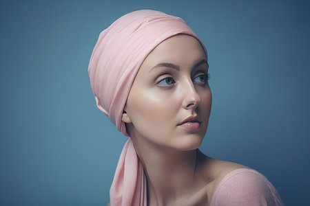 Portrait of a middle age bald woman wearing a pink headscarf by generative AIの素材