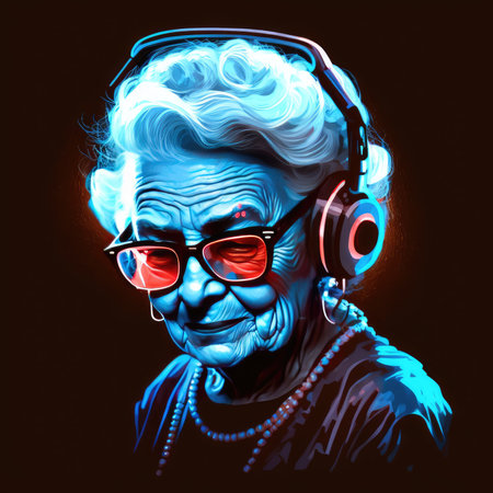 Elderly woman with headphone listening to music. Youthful attitude by generative AIの素材