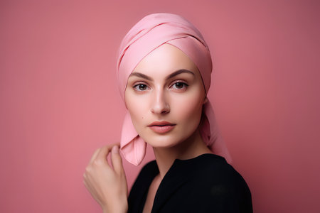 Portrait of a middle age bald woman wearing a pink headscarf by generative AIの素材
