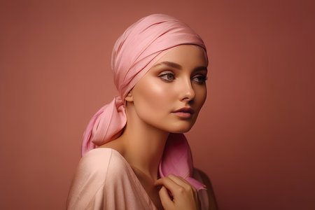 Portrait of a middle age bald woman wearing a pink headscarf by generative AIの素材