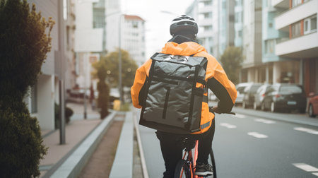 Delivery rider riding a bicycle through the city with his delivery backpack on his back by generative AIの素材