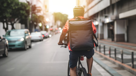 Delivery rider riding a bicycle through the city with his delivery backpack on his back by generative AIの素材