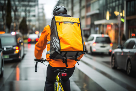 Delivery rider riding a bicycle through the city with his delivery backpack on his back by generative AIの素材