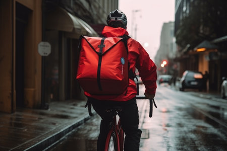 Delivery rider riding a bicycle through the city with his delivery backpack on his back by generative AIの素材