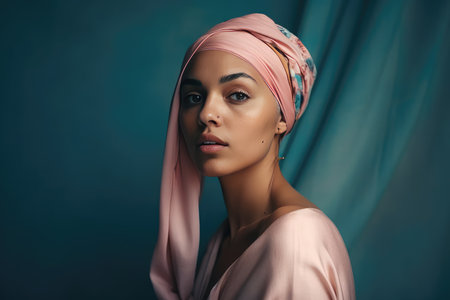 Portrait of a middle age bald woman wearing a pink headscarf by generative AIの素材