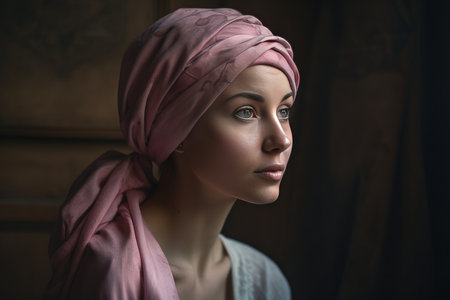 Portrait of a middle age bald woman wearing a pink headscarf by generative AIの素材