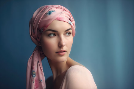 Portrait of a middle age bald woman wearing a pink headscarf by generative AIの素材