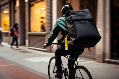 Delivery rider riding a bicycle through the city with his delivery backpack on his back by generative AIの素材