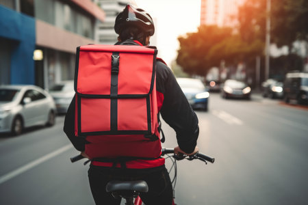 Delivery rider riding a bicycle through the city with his delivery backpack on his back by generative AIの素材