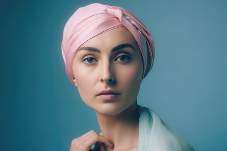 Portrait of a middle age bald woman wearing a pink headscarf by generative AIの素材