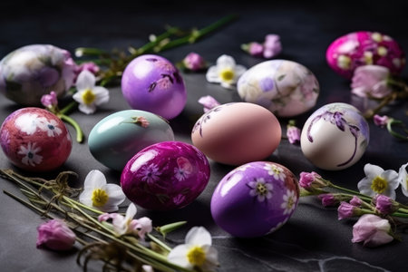 Decorate Easter eggs with the beauty of spring flowers by generative AIの素材