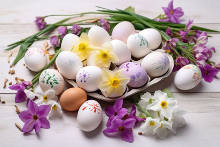 Decorate Easter eggs with the beauty of spring flowers by generative AIの素材