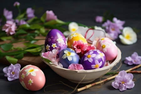 Decorate Easter eggs with the beauty of spring flowers by generative AIの素材