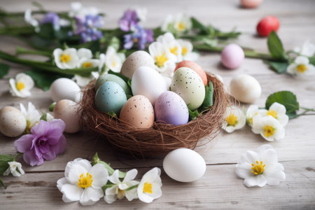Decorate Easter eggs with the beauty of spring flowers by generative AIの素材