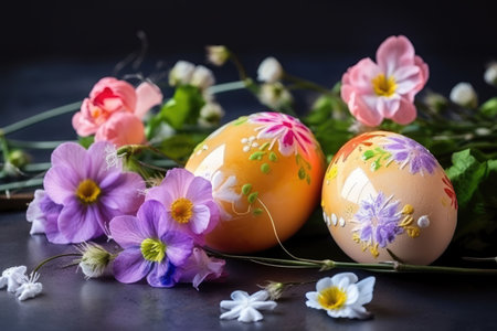 Decorate Easter eggs with the beauty of spring flowers by generative AIの素材
