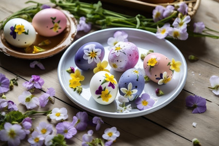 Decorate Easter eggs with the beauty of spring flowers by generative AIの素材