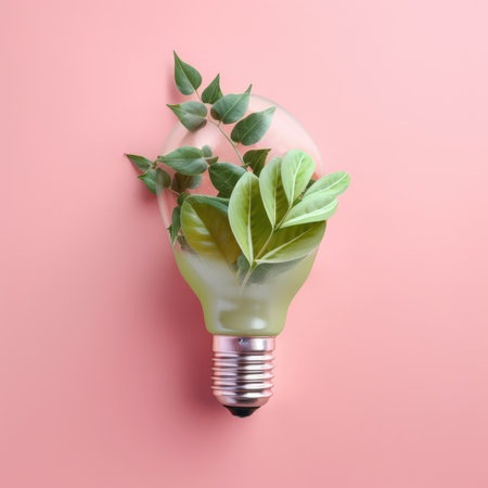Renewable Energy and Sustainable Living concept depicted by a top view of an Eco-friendly lightbulb made of fresh leaves against a pastel colored backdrop by generative AIの素材