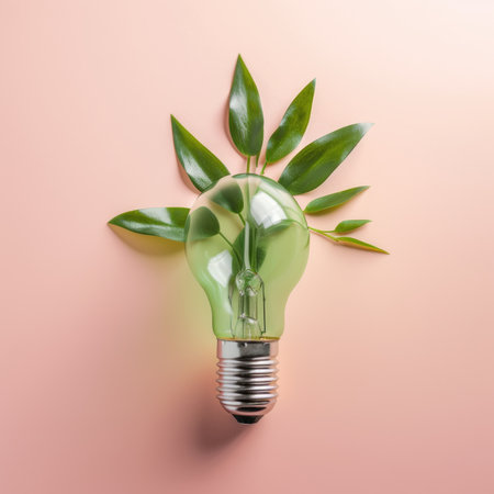Renewable Energy and Sustainable Living concept depicted by a top view of an Eco-friendly lightbulb made of fresh leaves against a pastel colored backdrop by generative AIの素材