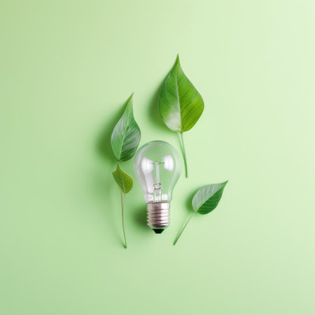 Renewable Energy and Sustainable Living concept depicted by a top view of an Eco-friendly lightbulb made of fresh leaves against a pastel colored backdrop by generative AIの素材