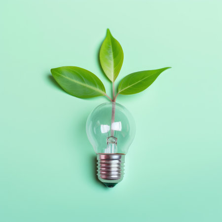 Renewable Energy and Sustainable Living concept depicted by a top view of an Eco-friendly lightbulb made of fresh leaves against a pastel colored backdrop by generative AIの素材
