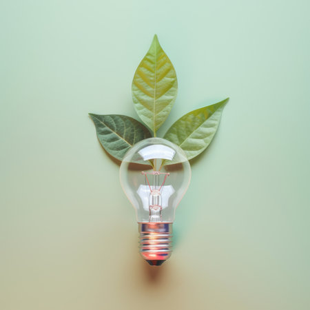 Renewable Energy and Sustainable Living concept depicted by a top view of an Eco-friendly lightbulb made of fresh leaves against a pastel colored backdrop by generative AIの素材