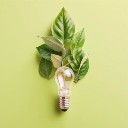Renewable Energy and Sustainable Living concept depicted by a top view of an Eco-friendly lightbulb made of fresh leaves against a pastel colored backdrop by generative AIの素材