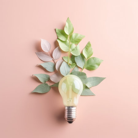 Renewable Energy and Sustainable Living concept depicted by a top view of an Eco-friendly lightbulb made of fresh leaves against a pastel colored backdrop by generative AIの素材