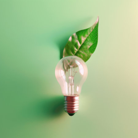Renewable Energy and Sustainable Living concept depicted by a top view of an Eco-friendly lightbulb made of fresh leaves against a pastel colored backdrop by generative AIの素材