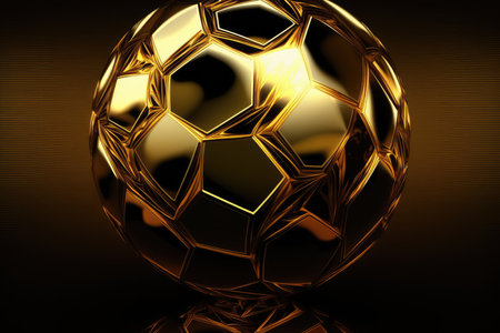 Golden soccer ball on a dark background. Success concept by generative AIの素材