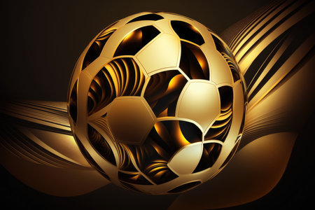 Golden soccer ball on a dark background. Success concept by generative AIの素材