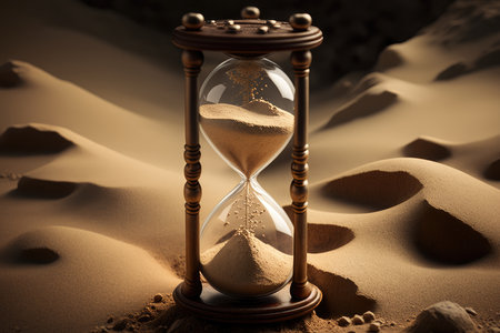 Time concept. Hourglass in a desert landscape by generative AIの素材