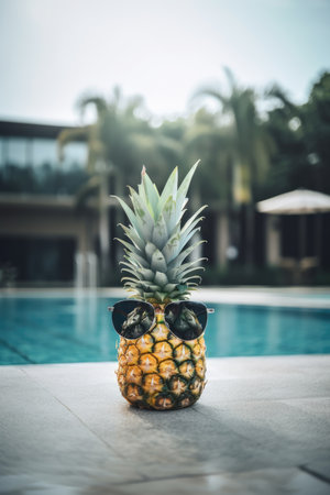 Summer fruit. Funny pineapple wearing sunglasses near a swimming pool. Vacations concept by generative AIの素材