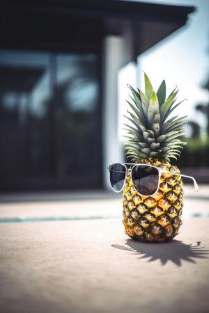 Summer fruit. Funny pineapple wearing sunglasses near a swimming pool. Vacations concept by generative AIの素材
