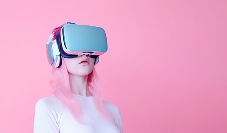 A woman immersed in virtual reality against a vibrant pink backdrop by generative AIの素材